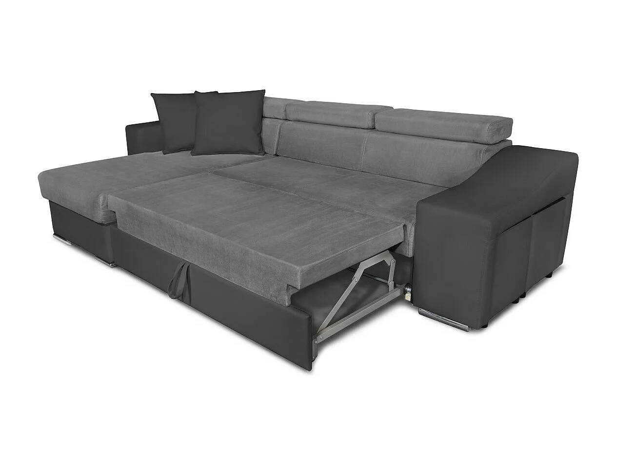 Canapé d'angle Elona convertible bi-matière Gris avec poufs de rangement à droite - L264 x P162 x H75cm - Loungitude