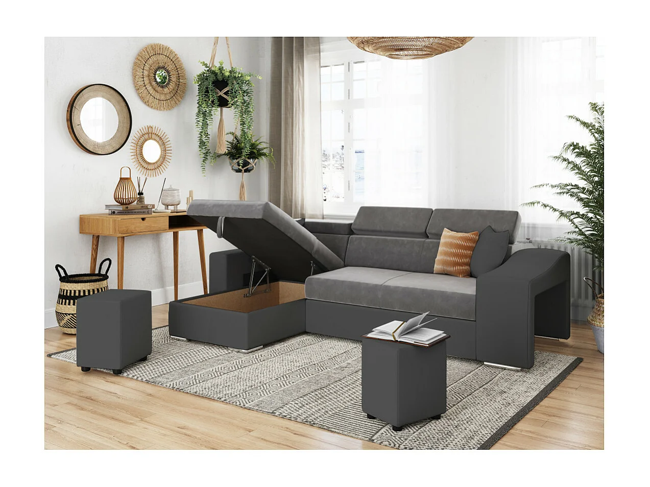 Canapé d'angle Elona convertible bi-matière Gris avec poufs de rangement à droite - L264 x P162 x H75cm - Loungitude