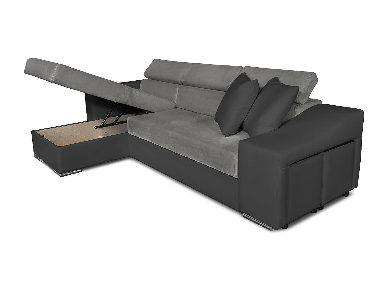 Canapé d'angle Elona convertible bi-matière Gris avec poufs de rangement à droite - L264 x P162 x H75cm - Loungitude