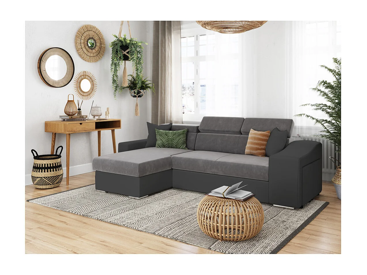 Canapé d'angle Elona convertible bi-matière Gris avec poufs de rangement à droite - L264 x P162 x H75cm - Loungitude