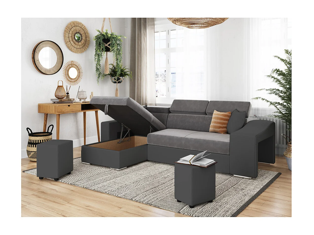 Canapé d'angle Elona convertible bi-matière Gris avec poufs de rangement à droite - L264 x P162 x H75cm - Loungitude
