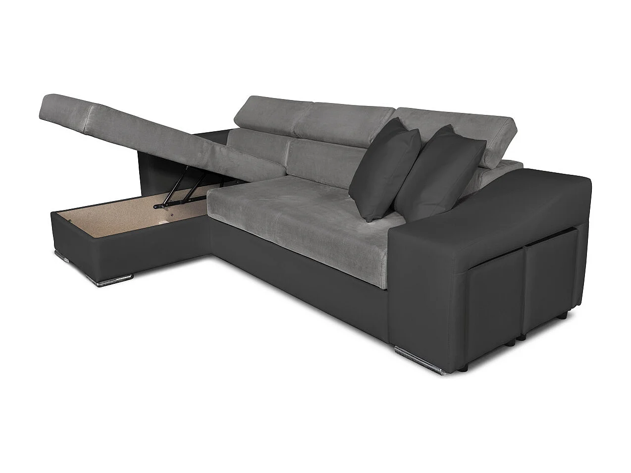 Canapé d'angle Elona convertible bi-matière Gris avec poufs de rangement à droite - L264 x P162 x H75cm - Loungitude
