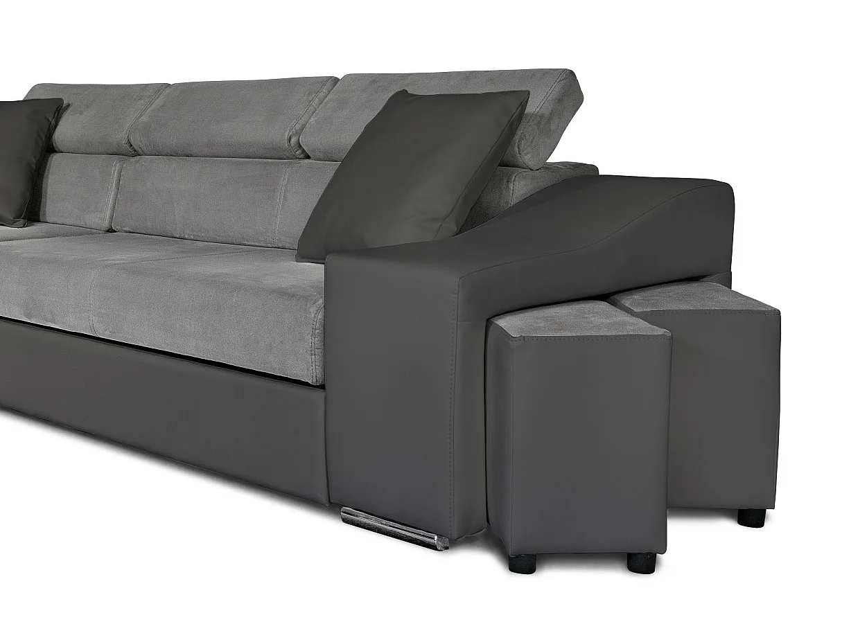 Canapé d'angle Elona convertible bi-matière Gris avec poufs de rangement à droite - L264 x P162 x H75cm - Loungitude