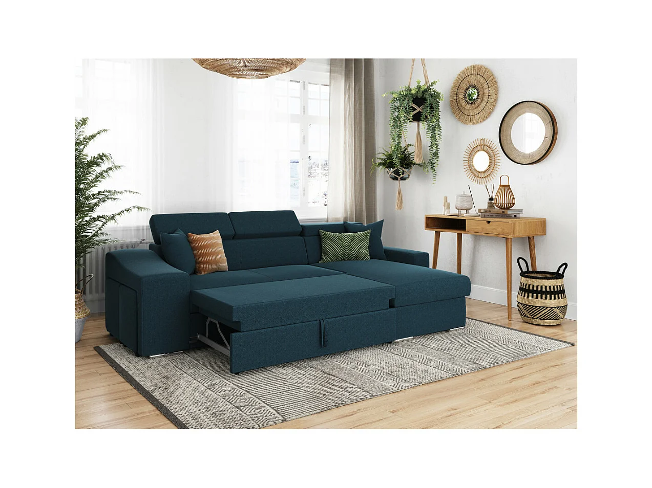 Canapé d'angle Elona Convertible en tissu bleu pétrole avec poufs de rangement à gauche - L264 x P162 x H75cm - Loungitude