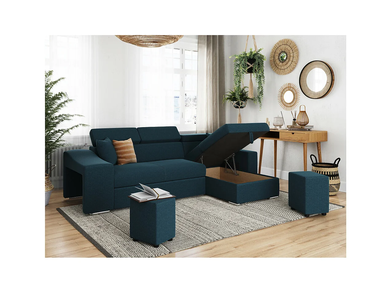 Canapé d'angle Elona Convertible en tissu bleu pétrole avec poufs de rangement à gauche - L264 x P162 x H75cm - Loungitude