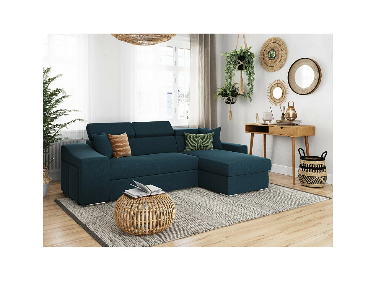 Canapé d'angle Elona Convertible en tissu bleu pétrole avec poufs de rangement à gauche - L264 x P162 x H75cm - Loungitude