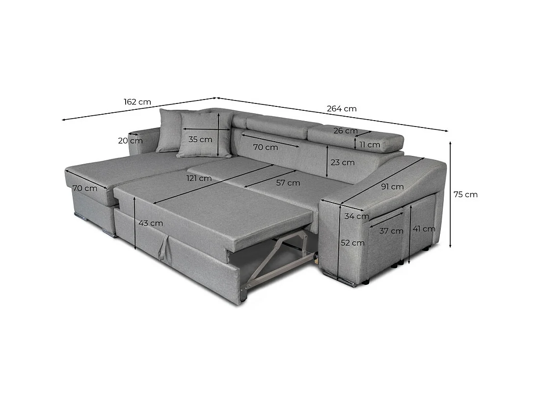 Canapé d'angle Elona Convertible en tissu bleu pétrole avec poufs de rangement à gauche - L264 x P162 x H75cm - Loungitude
