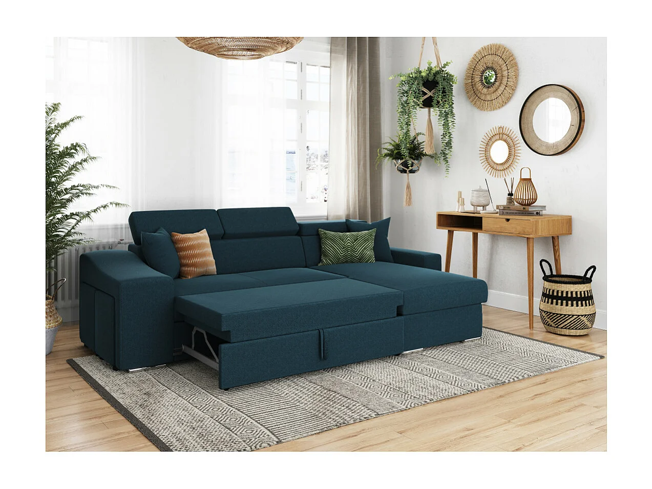 Canapé d'angle Elona convertible en tissu bleu pétrole avec poufs de rangement à gauche - L264 x P162 x H75cm - Loungitude