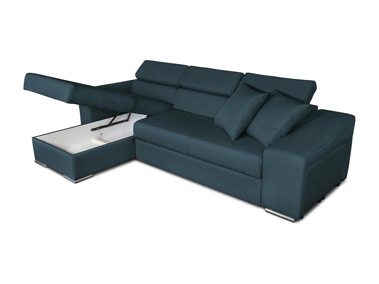 Canapé d'angle Elona convertible en tissu bleu pétrole avec poufs de rangement à gauche - L264 x P162 x H75cm - Loungitude