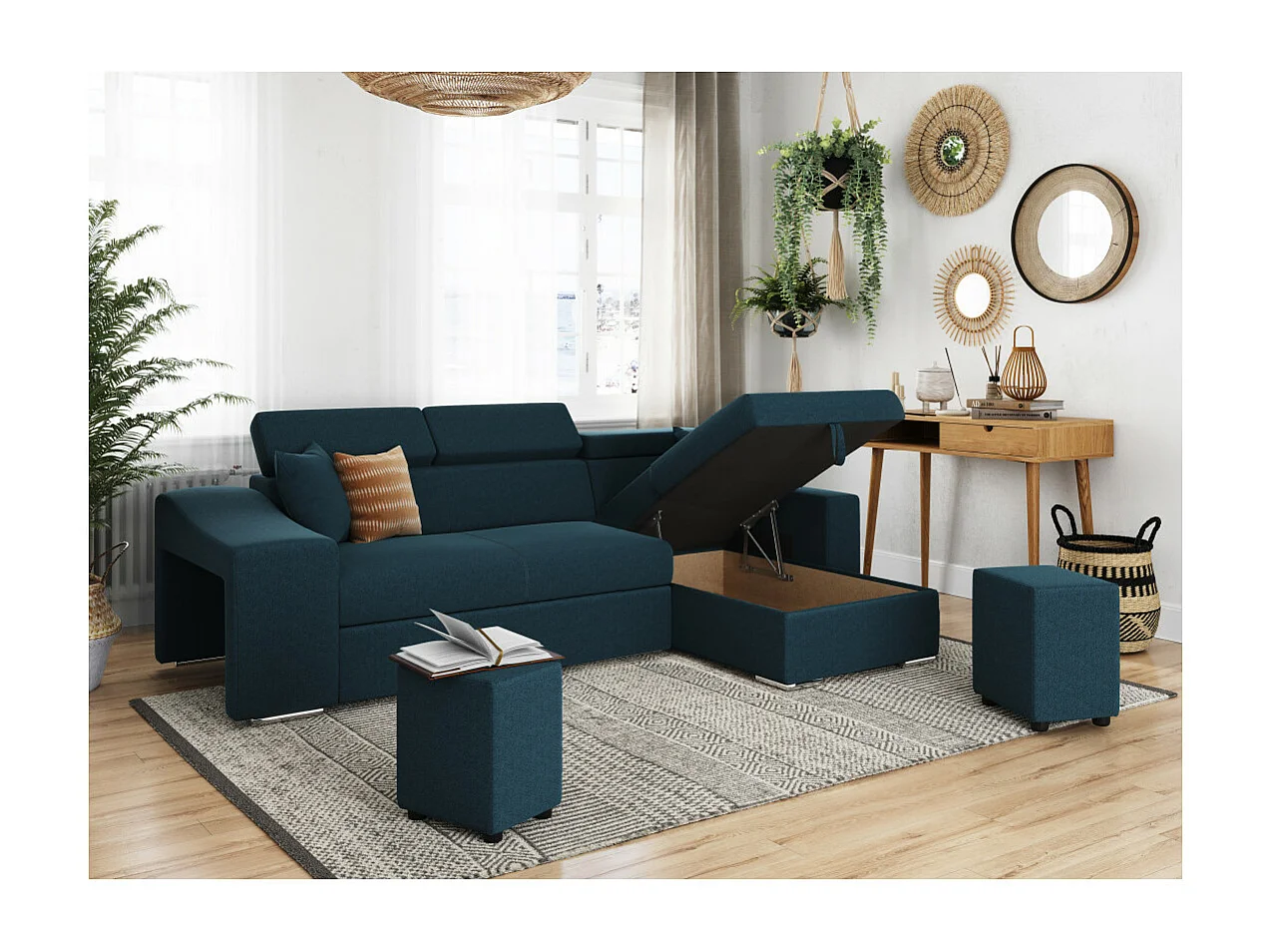Canapé d'angle Elona convertible en tissu bleu pétrole avec poufs de rangement à gauche - L264 x P162 x H75cm - Loungitude