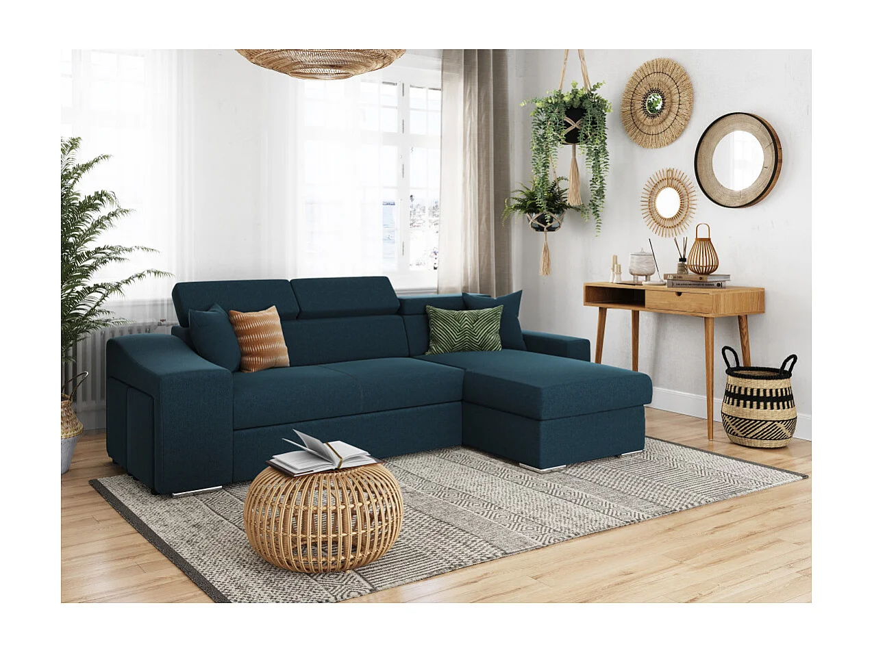 Canapé d'angle Elona convertible en tissu bleu pétrole avec poufs de rangement à gauche - L264 x P162 x H75cm - Loungitude