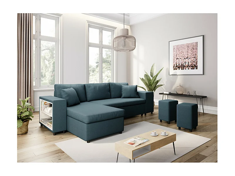 Canapé d'angle réversible Mady avec coffre, accoudoir étagère et poufs droit en tissu - Bleu - L254 x P146 x H81cm - Loungitude