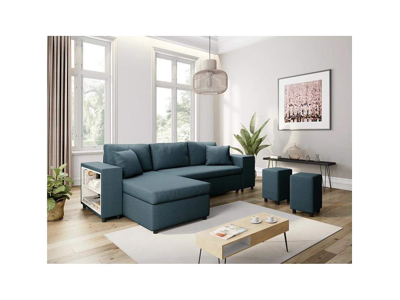 Canapé d'angle réversible Mady avec coffre, accoudoir étagère et poufs droit en tissu - Bleu - L254 x P146 x H81cm - Loungitude