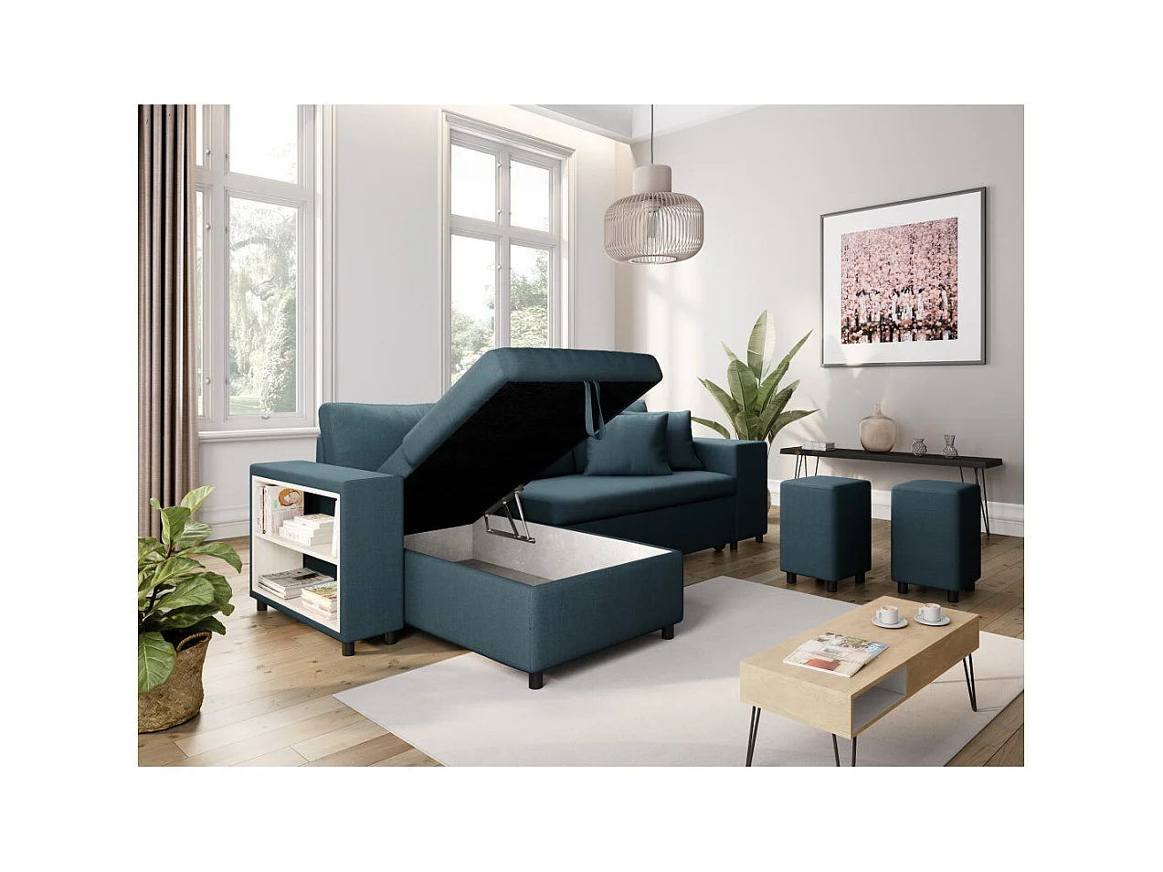 Canapé d'angle réversible Mady avec coffre, accoudoir étagère et poufs droit en tissu - Bleu - L254 x P146 x H81cm - Loungitude