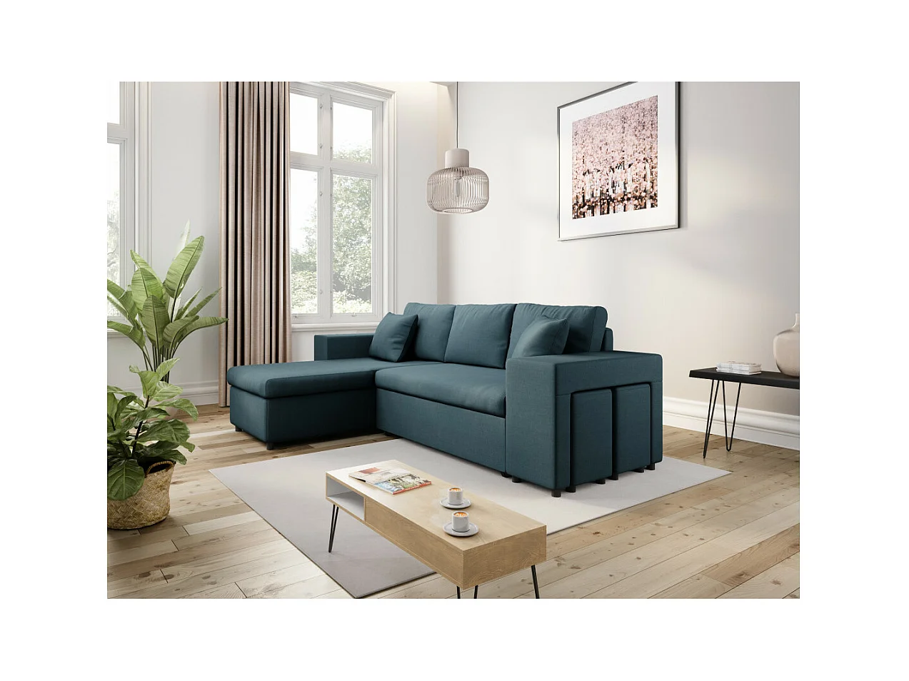 Canapé d'angle réversible Mady avec coffre, accoudoir étagère et poufs droit en tissu - Bleu - L254 x P146 x H81cm - Loungitude