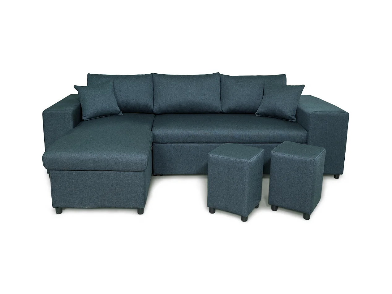 Canapé d'angle réversible Mady avec coffre, accoudoir étagère et poufs droit en tissu - Bleu - L254 x P146 x H81cm - Loungitude