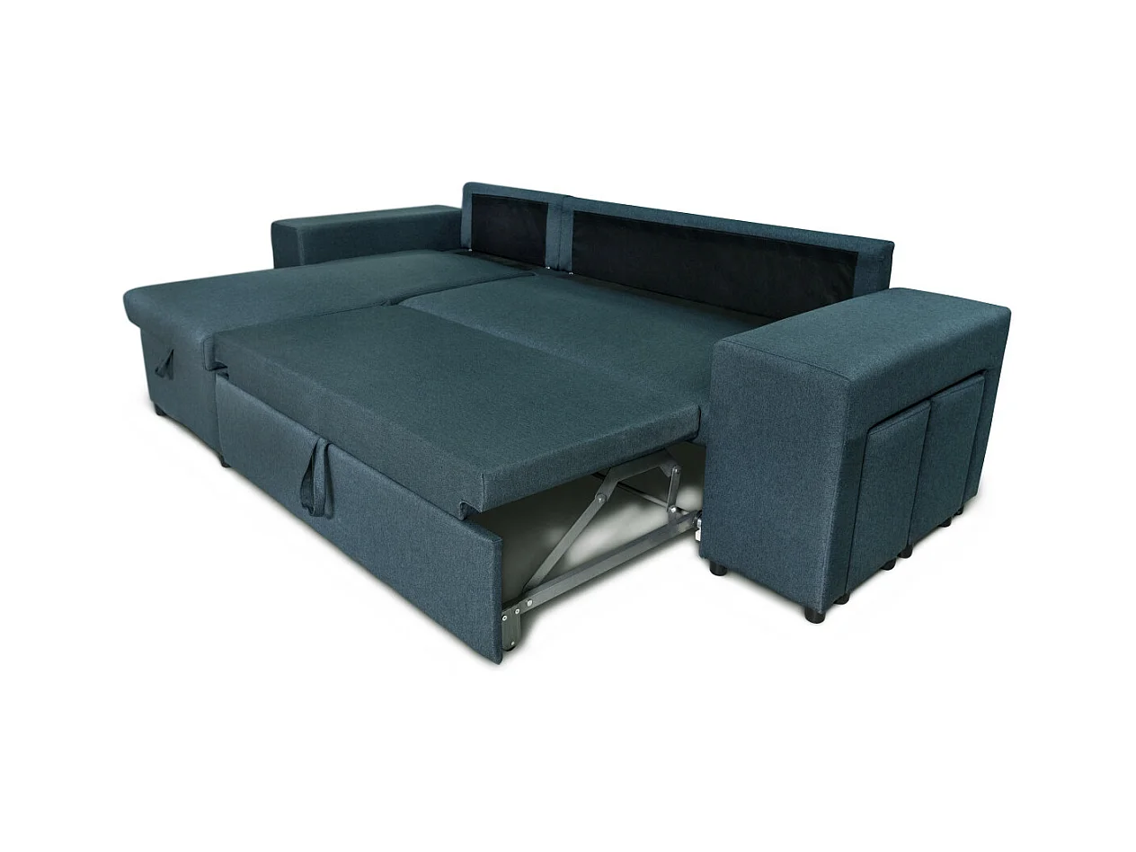 Canapé d'angle réversible Mady avec coffre, accoudoir étagère et poufs droit en tissu - Bleu - L254 x P146 x H81cm - Loungitude