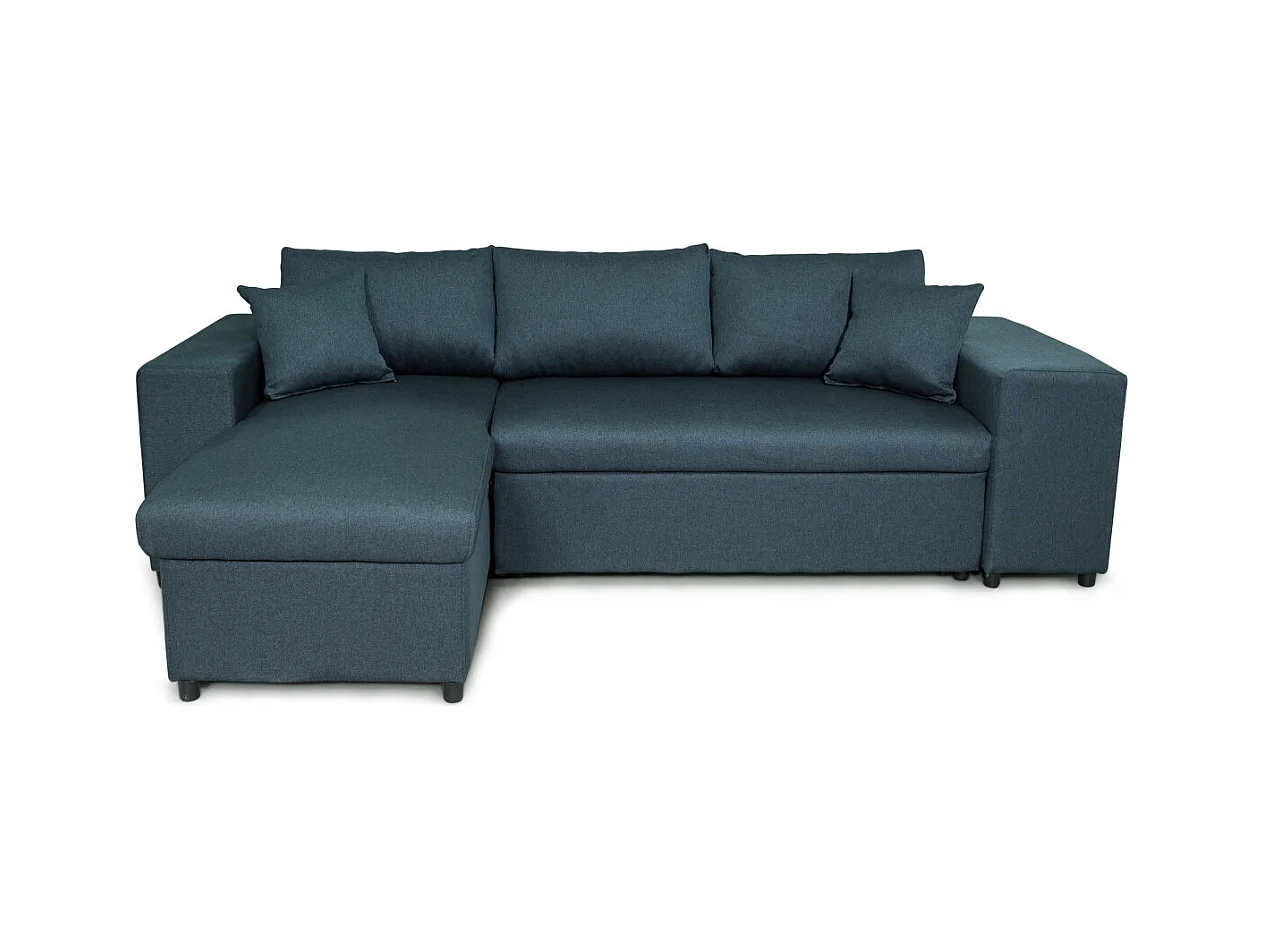 Canapé d'angle réversible Mady avec coffre, accoudoir étagère et poufs droit en tissu - Bleu - L254 x P146 x H81cm - Loungitude