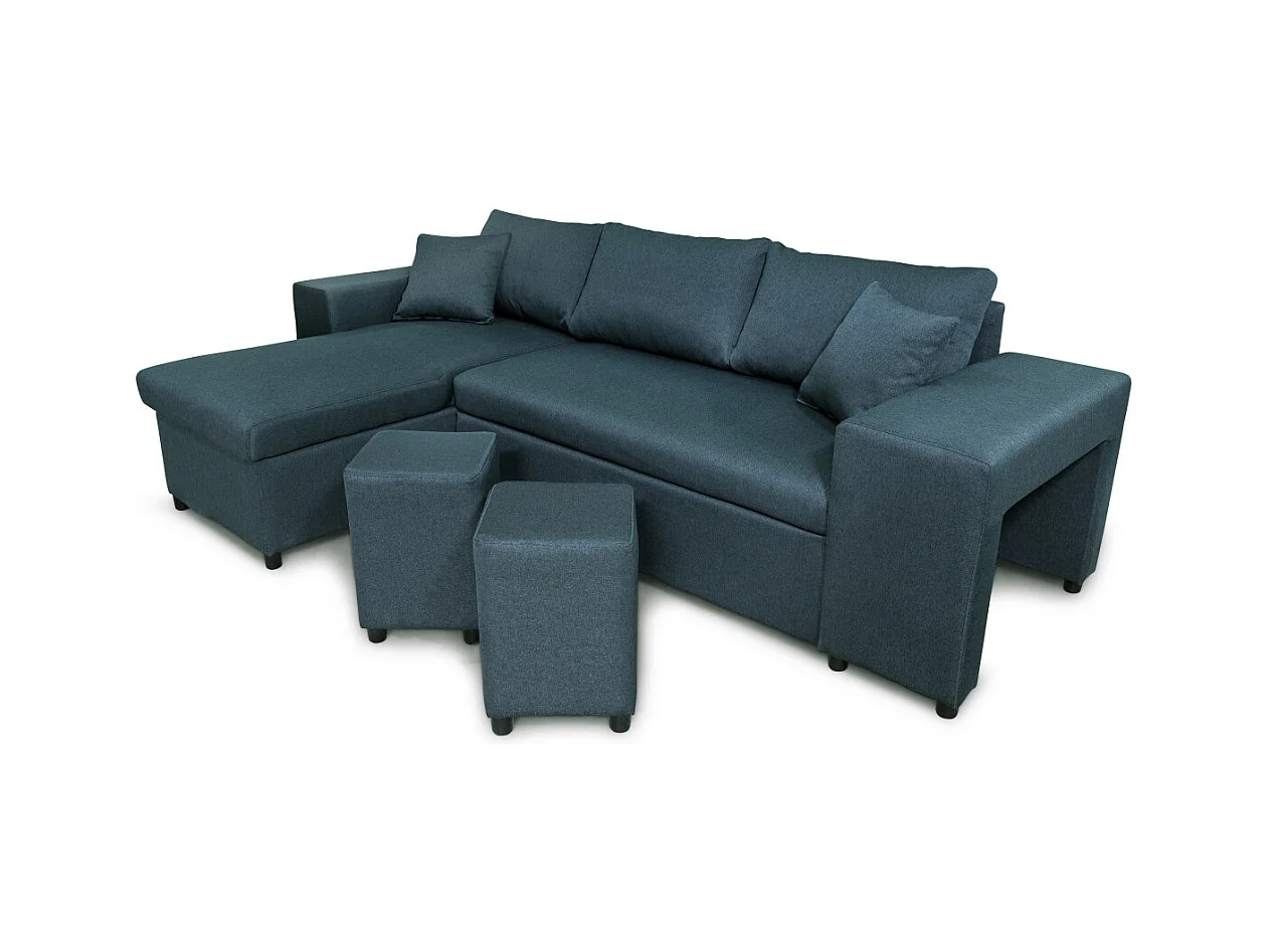 Canapé d'angle réversible Mady avec coffre, accoudoir étagère et poufs droit en tissu - Bleu - L254 x P146 x H81cm - Loungitude
