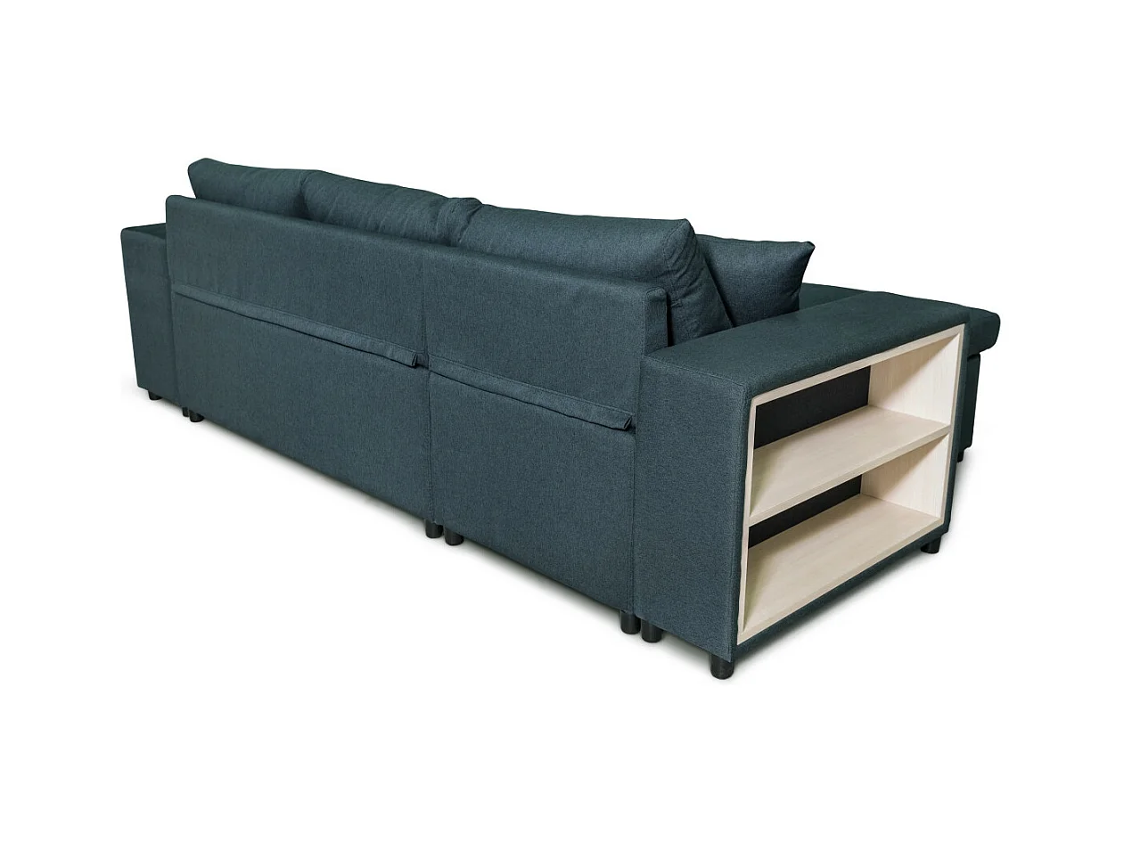 Canapé d'angle réversible Mady avec coffre, accoudoir étagère et poufs droit en tissu - Bleu - L254 x P146 x H81cm - Loungitude