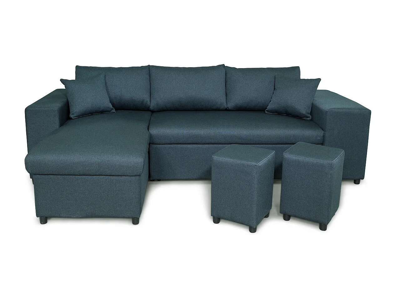 Canapé d'angle réversible Mady avec coffre, accoudoir étagère et poufs droit en tissu - Bleu - L254 x P146 x H81cm - Loungitude