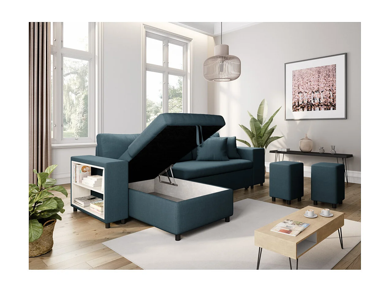 Canapé d'angle réversible Mady avec coffre, accoudoir étagère et poufs droit en tissu - Bleu - L254 x P146 x H81cm - Loungitude