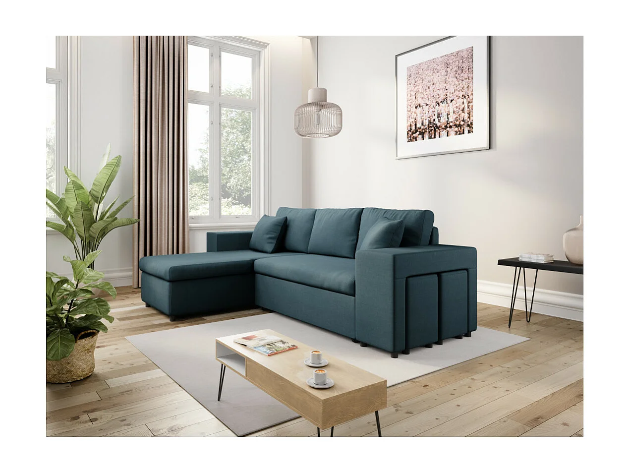 Canapé d'angle réversible Mady avec coffre, accoudoir étagère et poufs droit en tissu - Bleu - L254 x P146 x H81cm - Loungitude