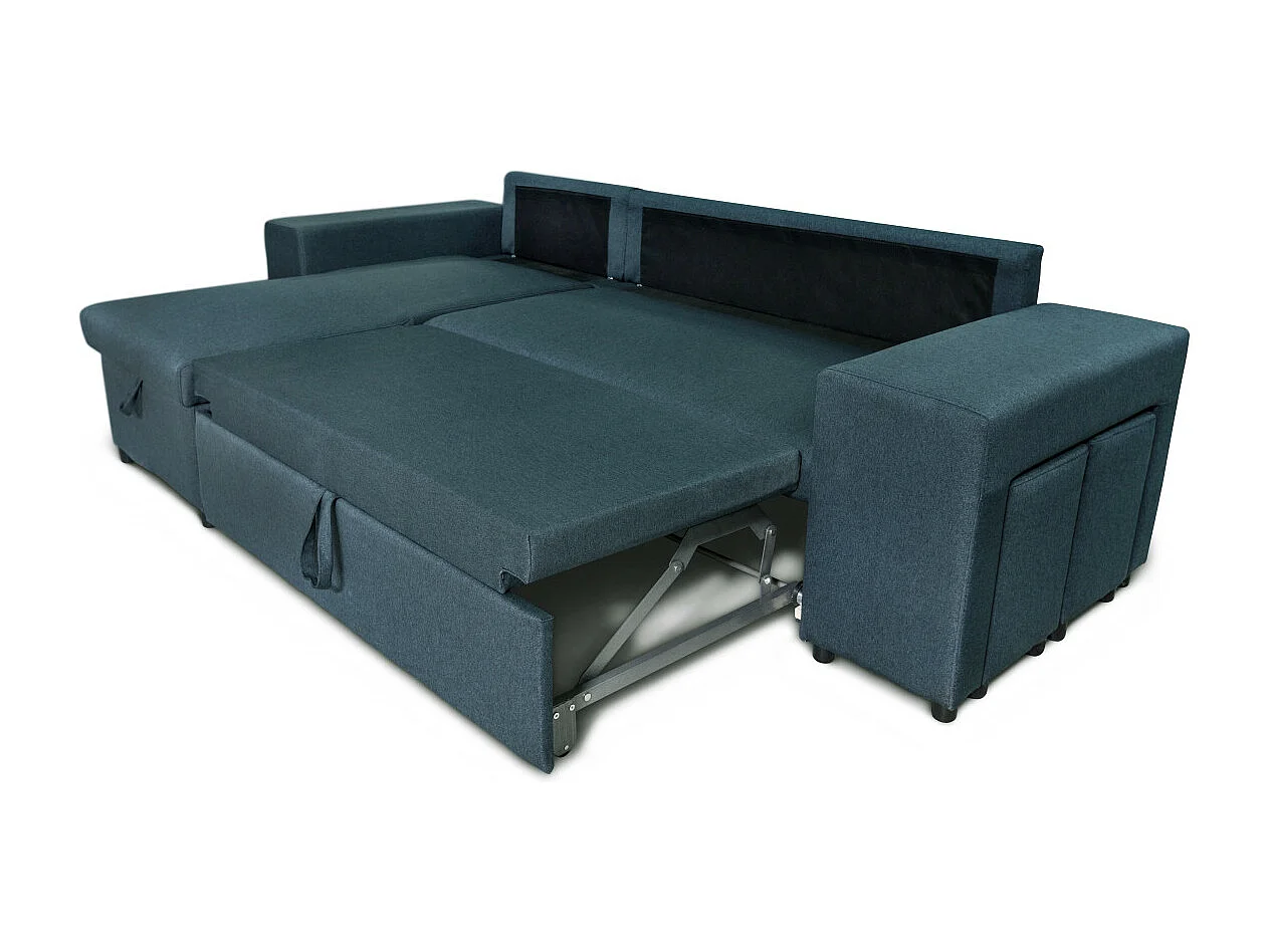 Canapé d'angle réversible Mady avec coffre, accoudoir étagère et poufs droit en tissu - Bleu - L254 x P146 x H81cm - Loungitude