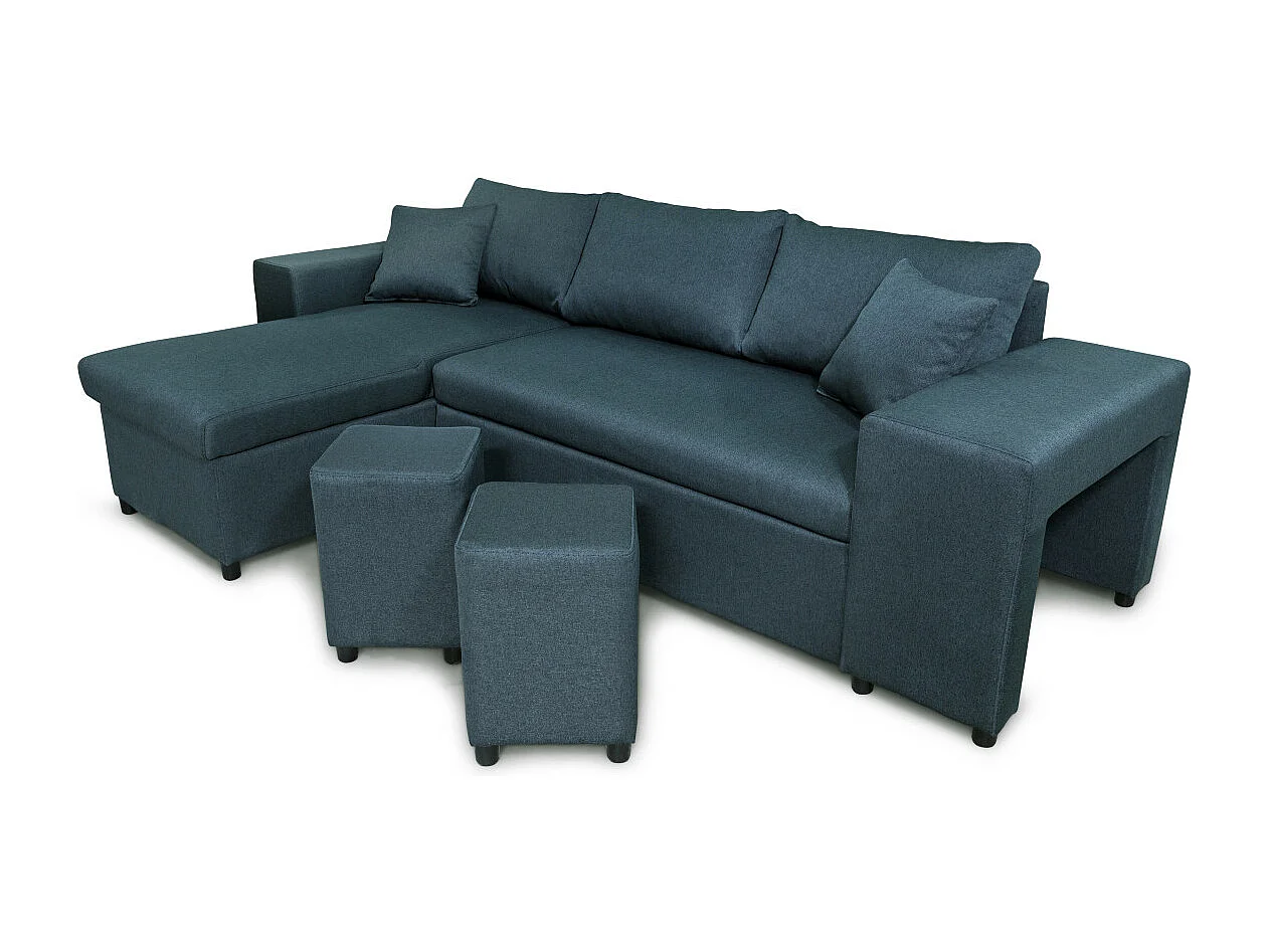 Canapé d'angle réversible Mady avec coffre, accoudoir étagère et poufs droit en tissu - Bleu - L254 x P146 x H81cm - Loungitude