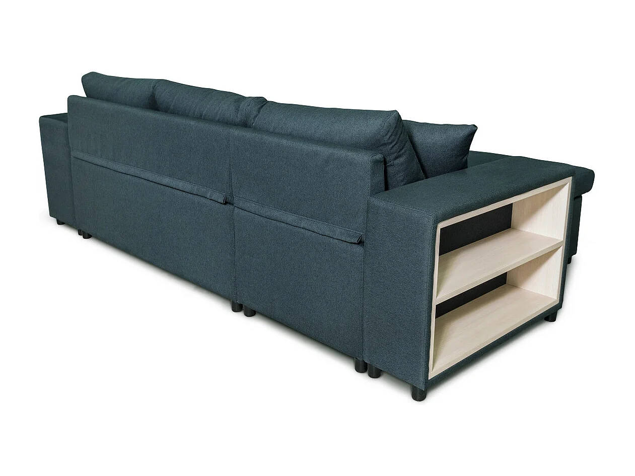 Canapé d'angle réversible Mady avec coffre, accoudoir étagère et poufs droit en tissu - Bleu - L254 x P146 x H81cm - Loungitude