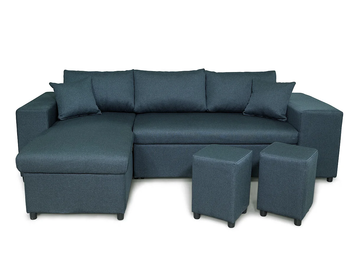 Canapé d'angle convertible 7 places avec pouf en tissu bleu MADY