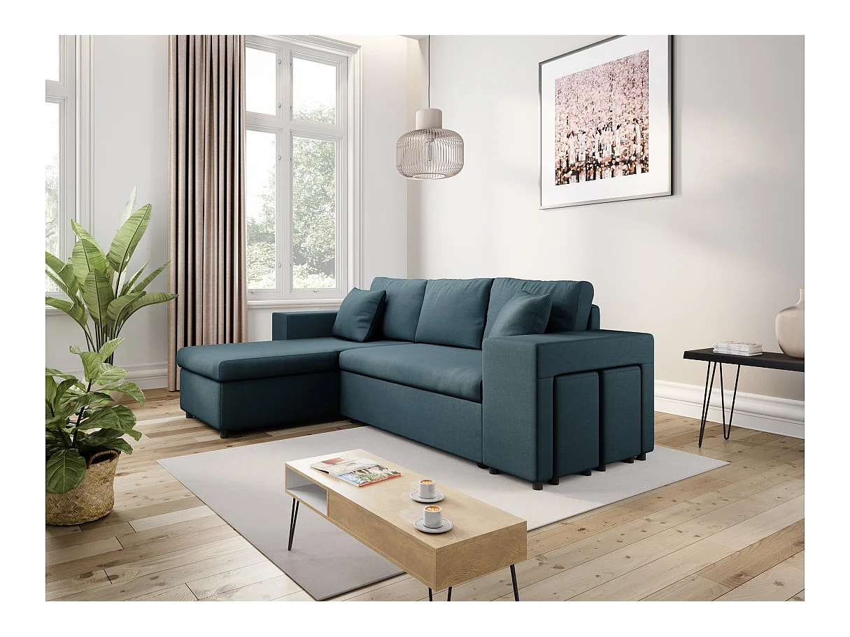 Canapé d'angle convertible 7 places avec pouf en tissu bleu MADY