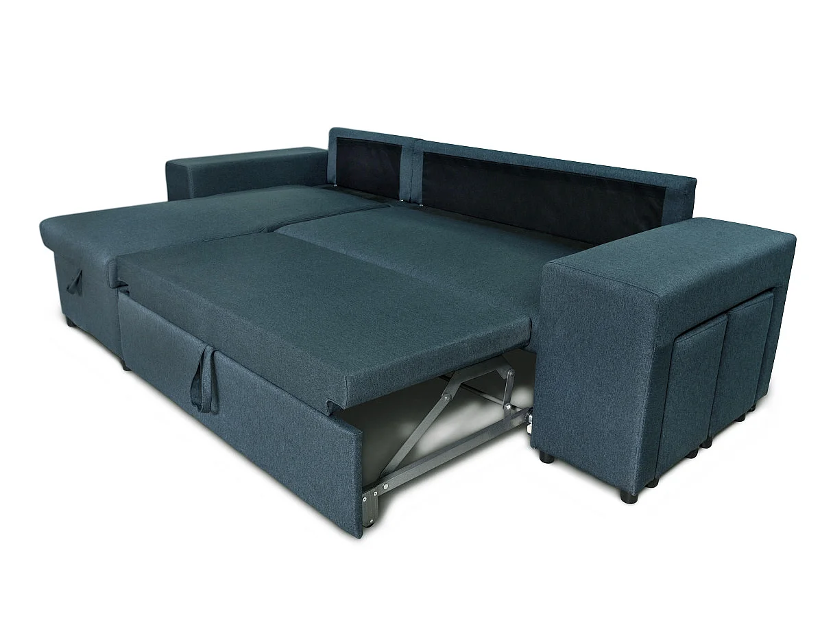 Canapé d'angle convertible 7 places avec pouf en tissu bleu MADY