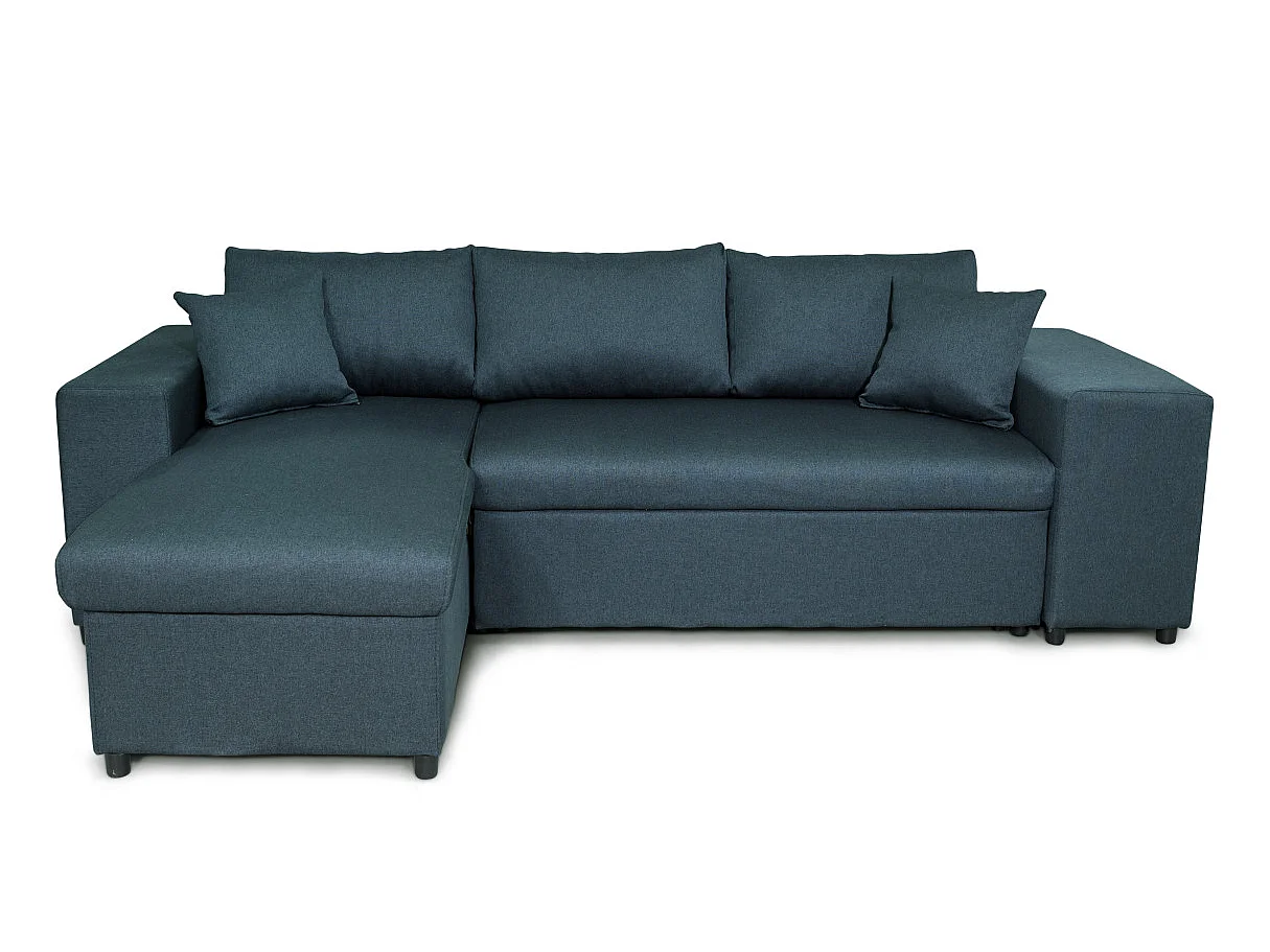 Canapé d'angle convertible 7 places avec pouf en tissu bleu MADY