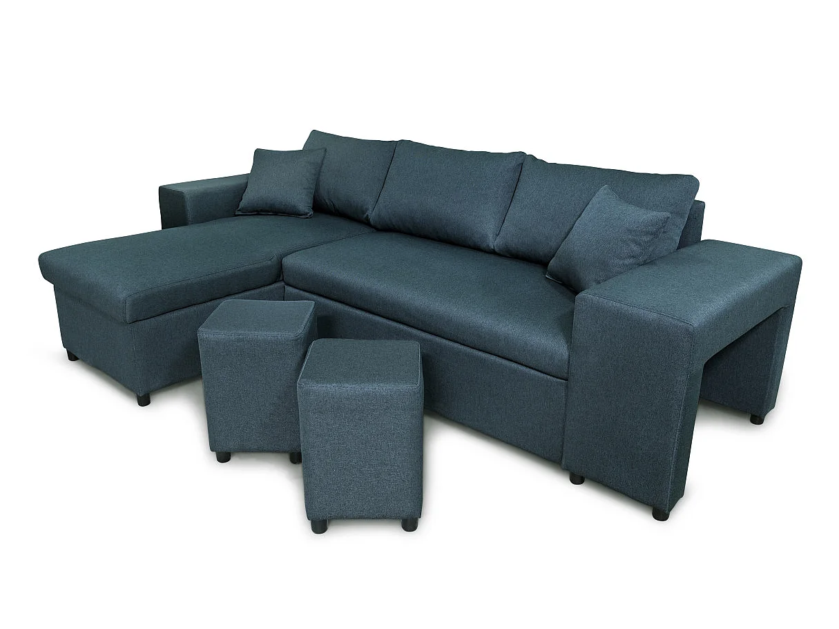 Canapé d'angle convertible 7 places avec pouf en tissu bleu MADY