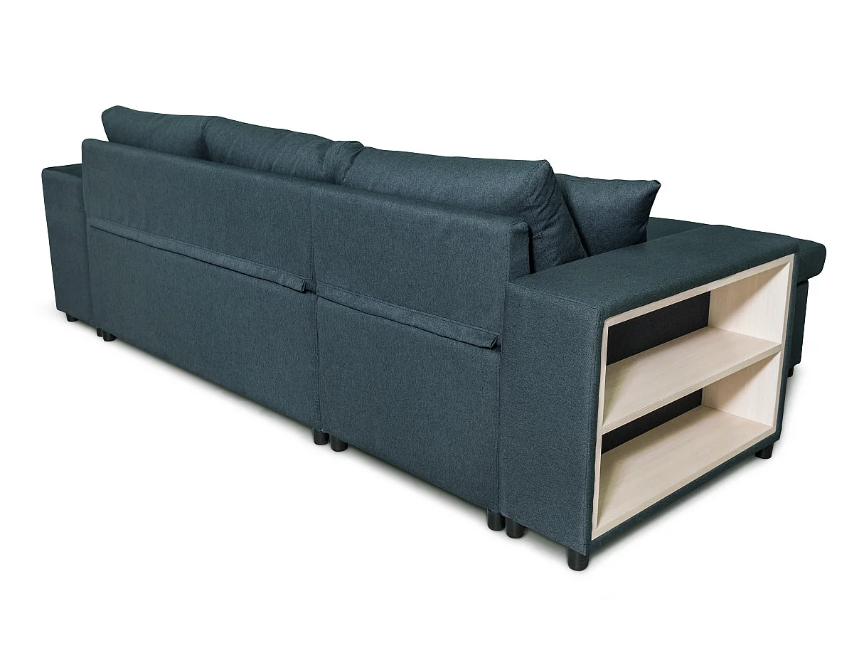 Canapé d'angle convertible 7 places avec pouf en tissu bleu MADY