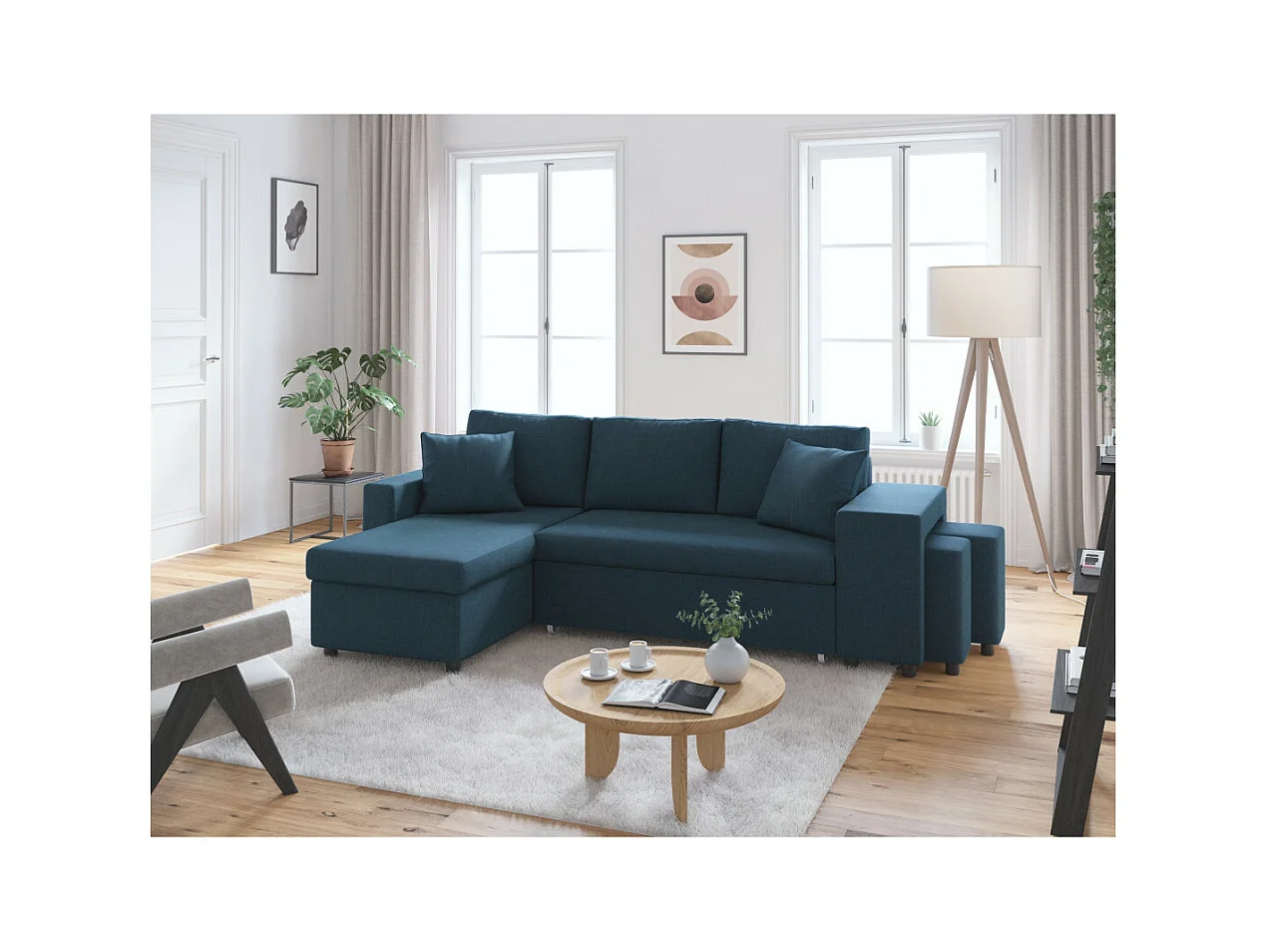 Canapé d'angle 3 places réversible Oslo avec coffre et poufs droit en tissu - Bleu - L241 x P146 x H81cm - Loungitude