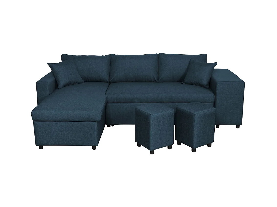 Canapé d'angle 3 places réversible Oslo avec coffre et poufs droit en tissu - Bleu - L241 x P146 x H81cm - Loungitude