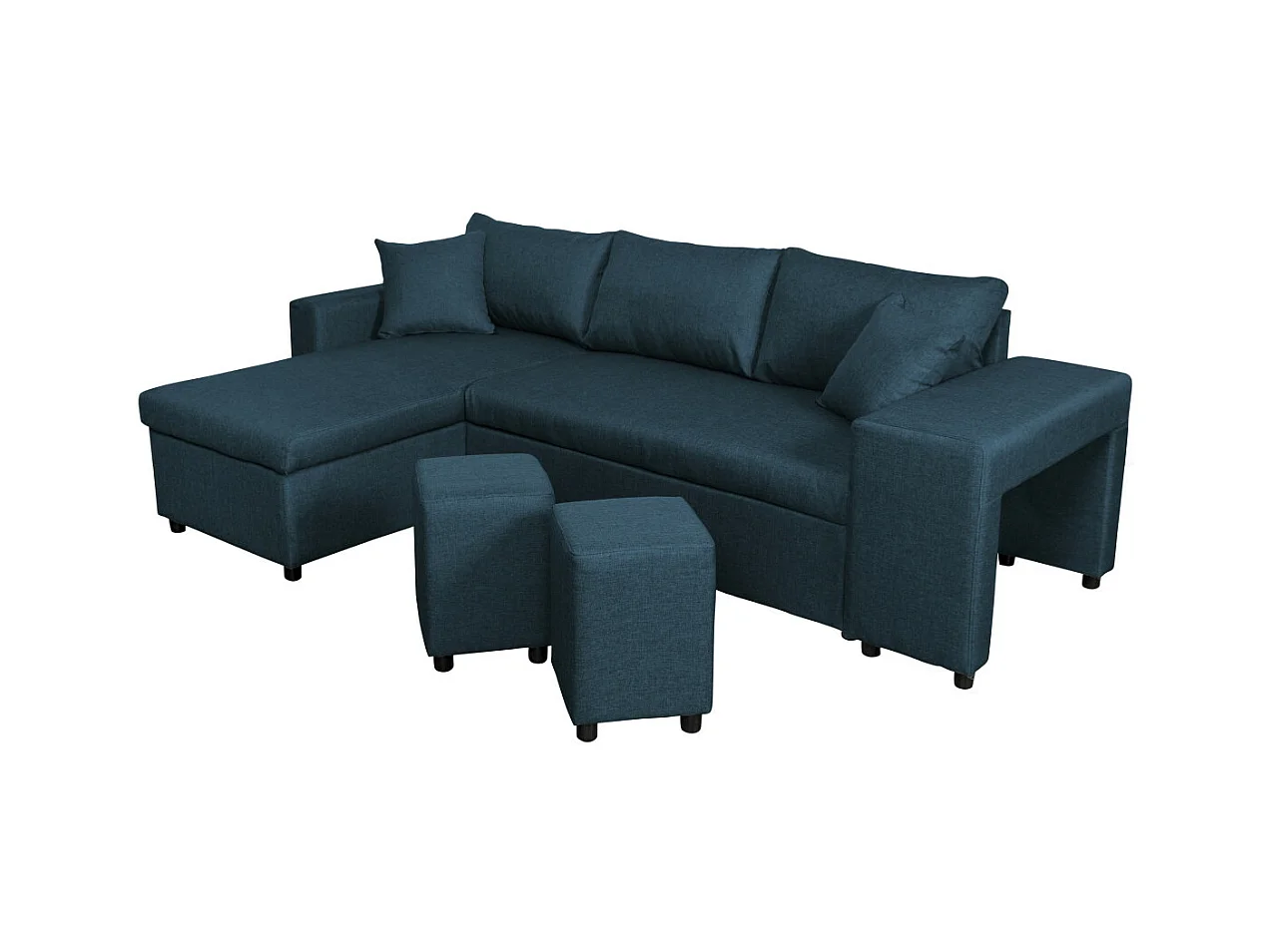Canapé d'angle 3 places réversible Oslo avec coffre et poufs droit en tissu - Bleu - L241 x P146 x H81cm - Loungitude