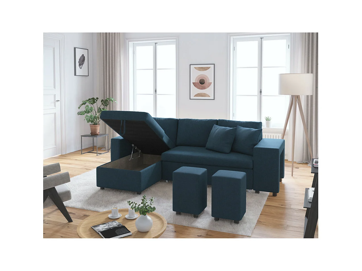 Canapé d'angle 3 places réversible Oslo avec coffre et poufs droit en tissu - Bleu - L241 x P146 x H81cm - Loungitude