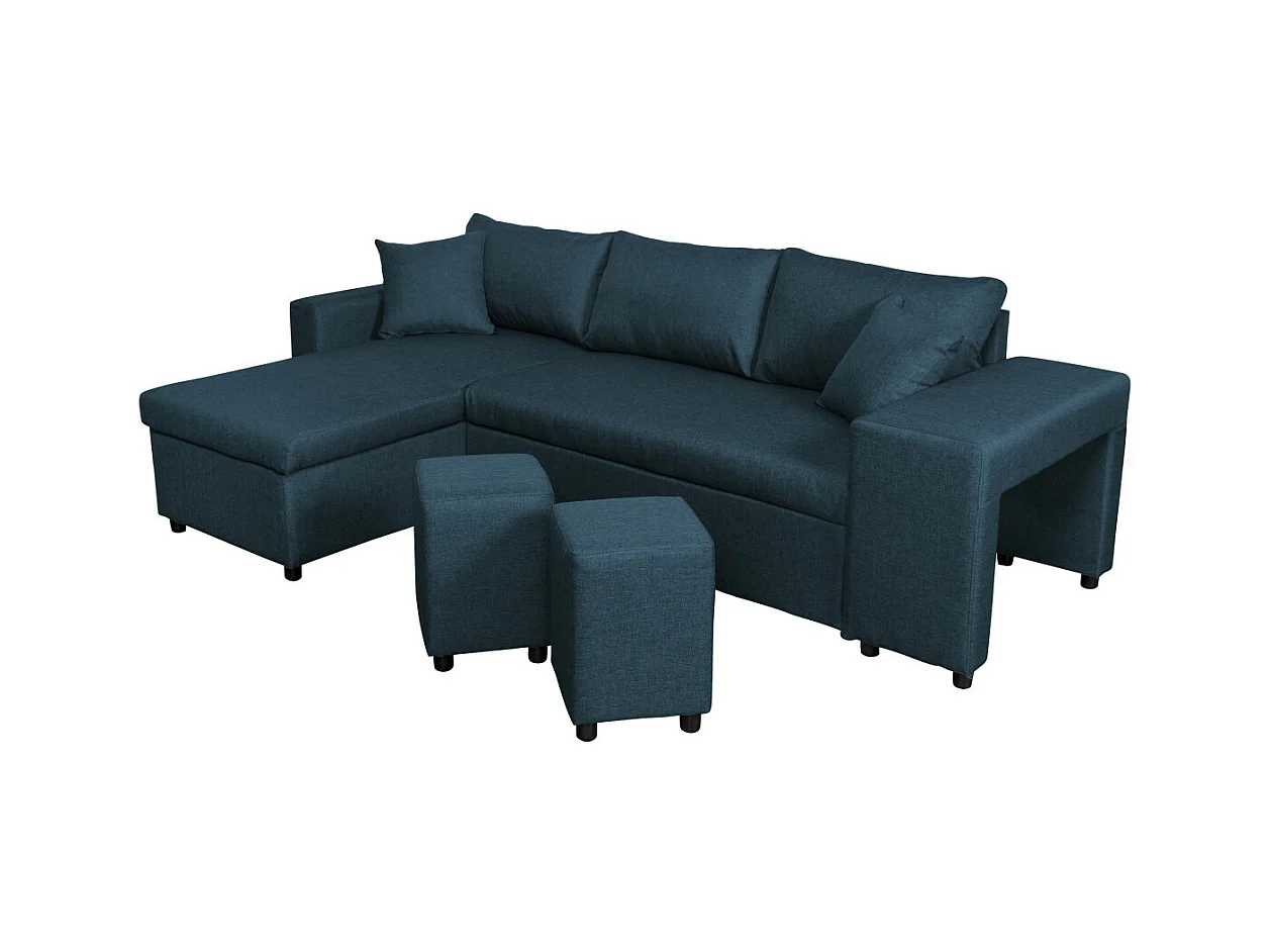 Canapé d'angle 3 places réversible Oslo avec coffre et poufs droit en tissu - Bleu - L241 x P146 x H81cm - Loungitude