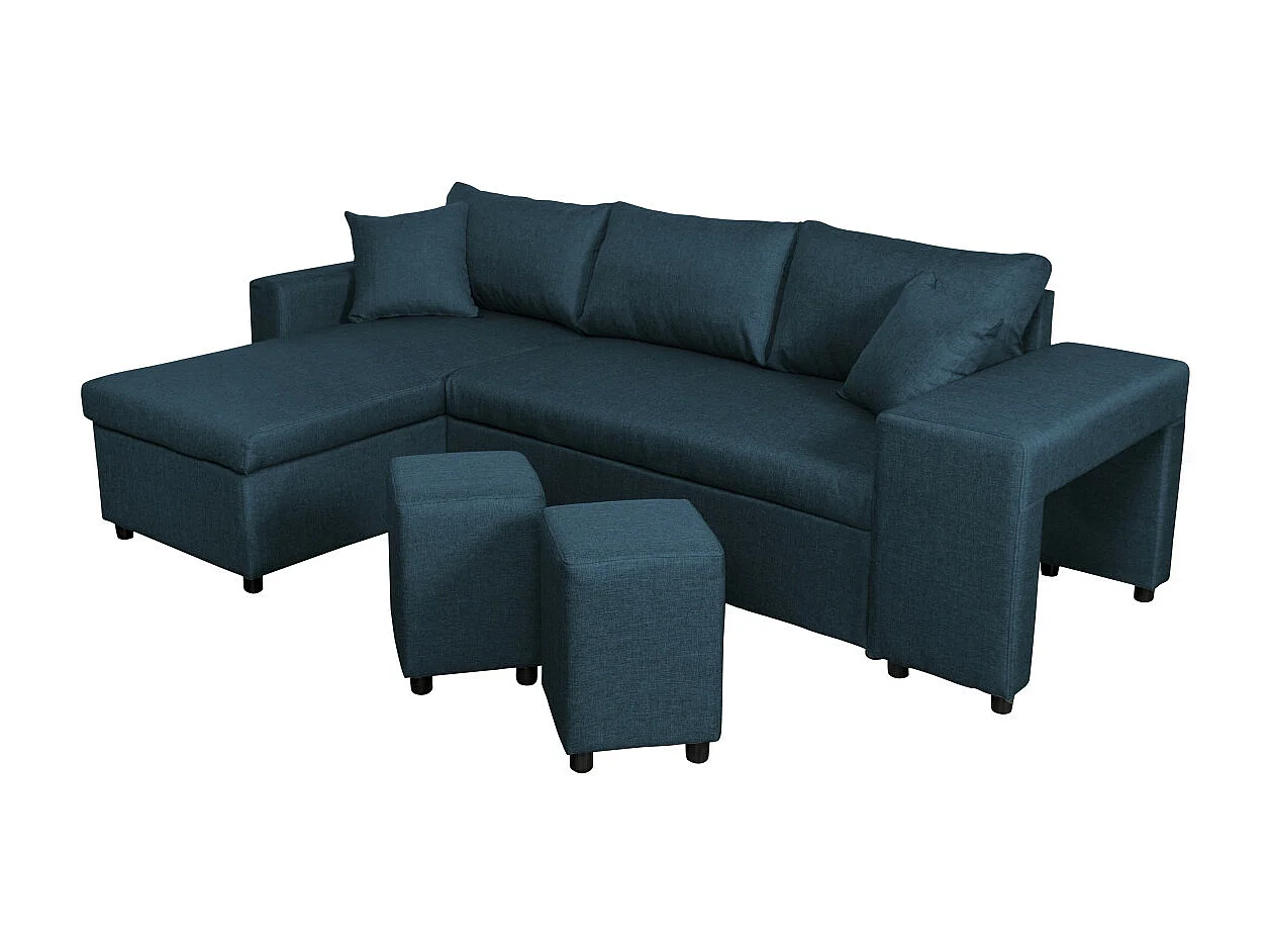 Canapé d'angle 3 places réversible Oslo avec coffre et poufs droit en tissu - Bleu - L241 x P146 x H81cm - Loungitude