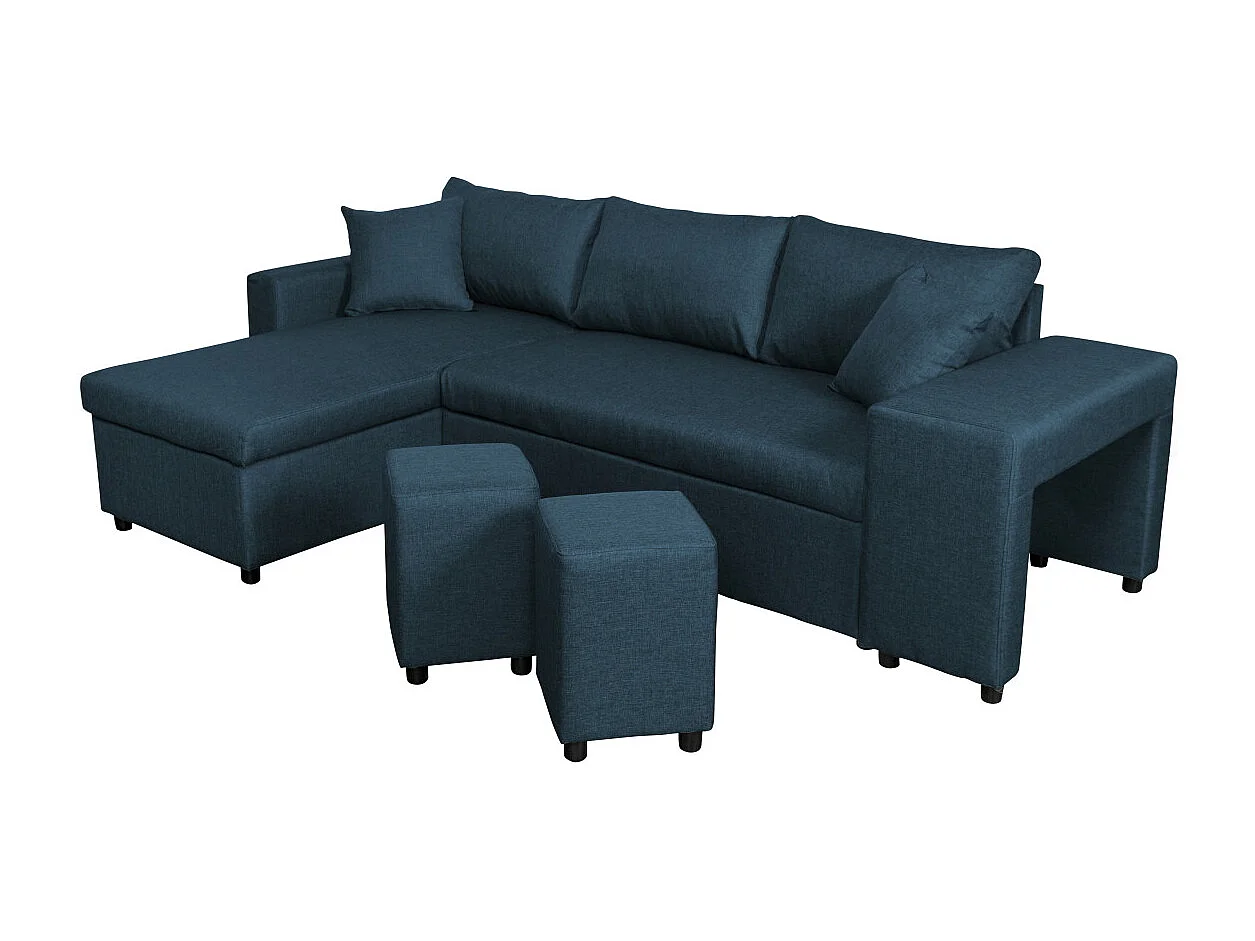 Canapé d'angle 3 places réversible Oslo avec coffre et poufs droit en tissu - Bleu - L241 x P146 x H81cm - Loungitude
