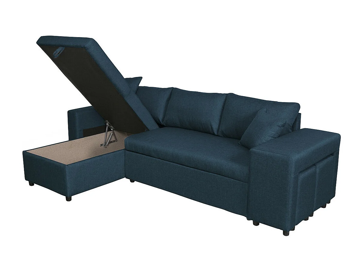 Canapé d'angle 3 places réversible Oslo avec coffre et poufs droit en tissu - Bleu - L241 x P146 x H81cm - Loungitude