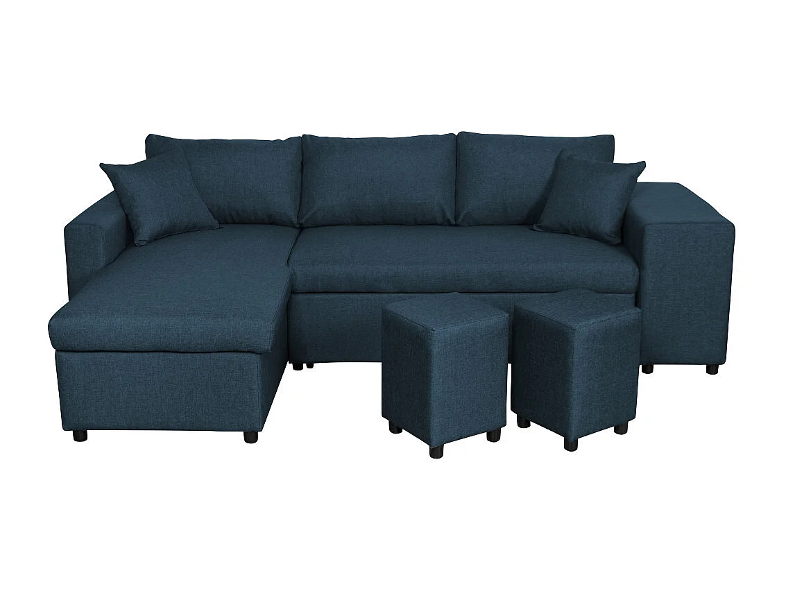 Canapé d'angle 3 places réversible Oslo avec coffre et poufs droit en tissu - Bleu - L241 x P146 x H81cm - Loungitude