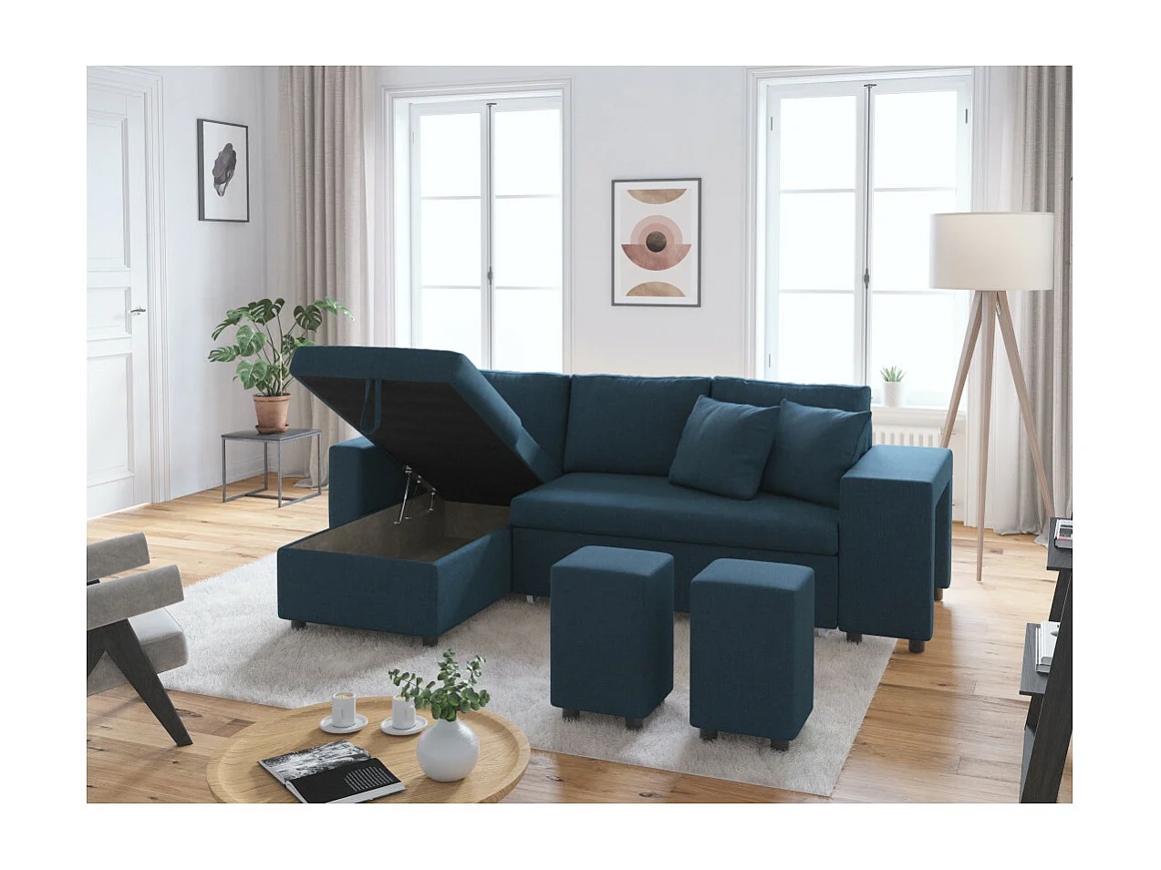 Canapé d'angle 3 places réversible Oslo avec coffre et poufs droit en tissu - Bleu - L241 x P146 x H81cm - Loungitude