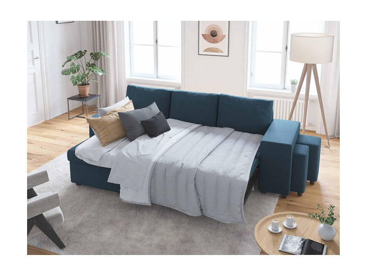 Canapé d'angle 3 places réversible Oslo avec coffre et poufs droit en tissu - Bleu - L241 x P146 x H81cm - Loungitude