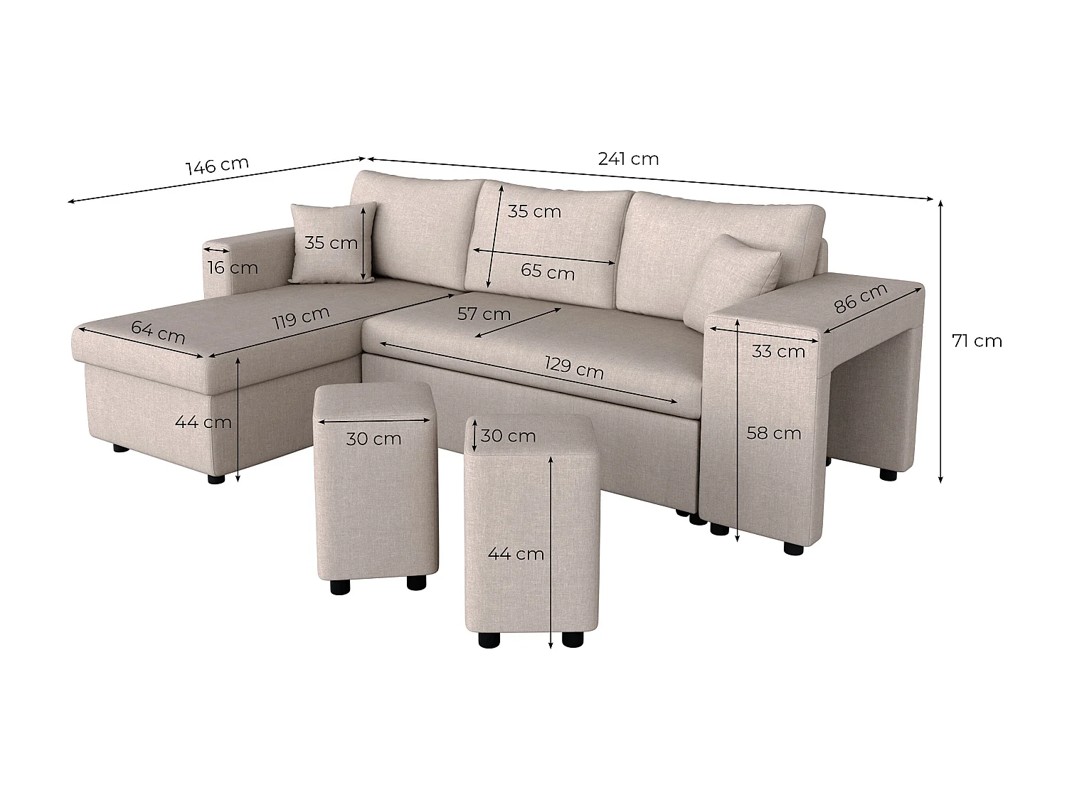 Canapé d'angle 3 places réversible Oslo avec coffre et poufs droit en tissu - Bleu - L241 x P146 x H81cm - Loungitude