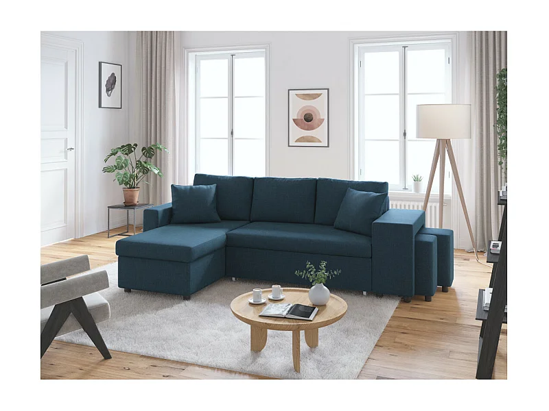 Canapé d'angle 3 places réversible Oslo avec coffre et poufs droit en tissu - Bleu - L241 x P146 x H81cm - Loungitude