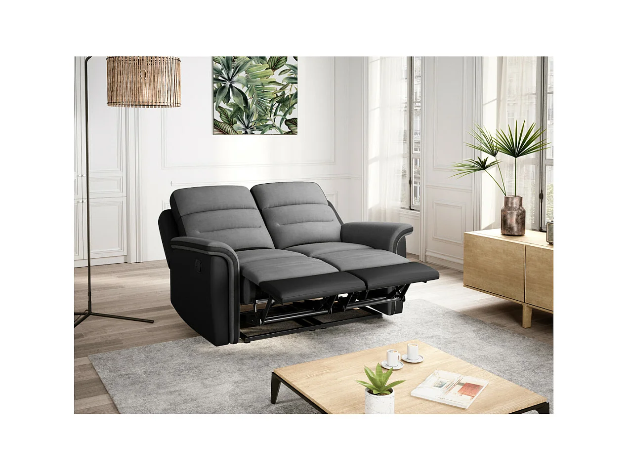 Canapé de Relaxation 2 places en Microfibre et Simili Léon - Gris et Noir - Loungitude